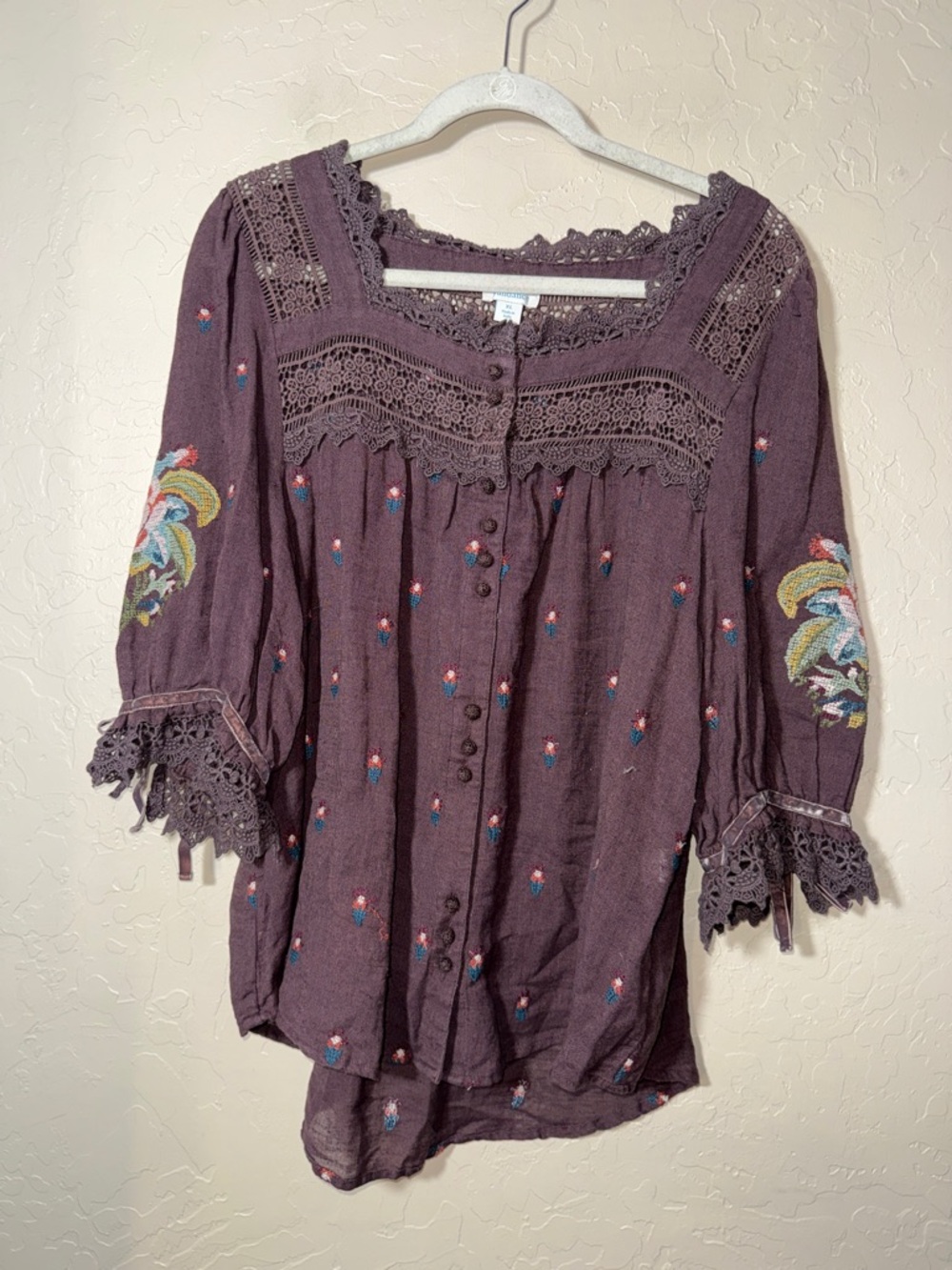 Sundance embroidered floral lace detail square neck blouse linen cotton blend XL - Picture 8 of 8